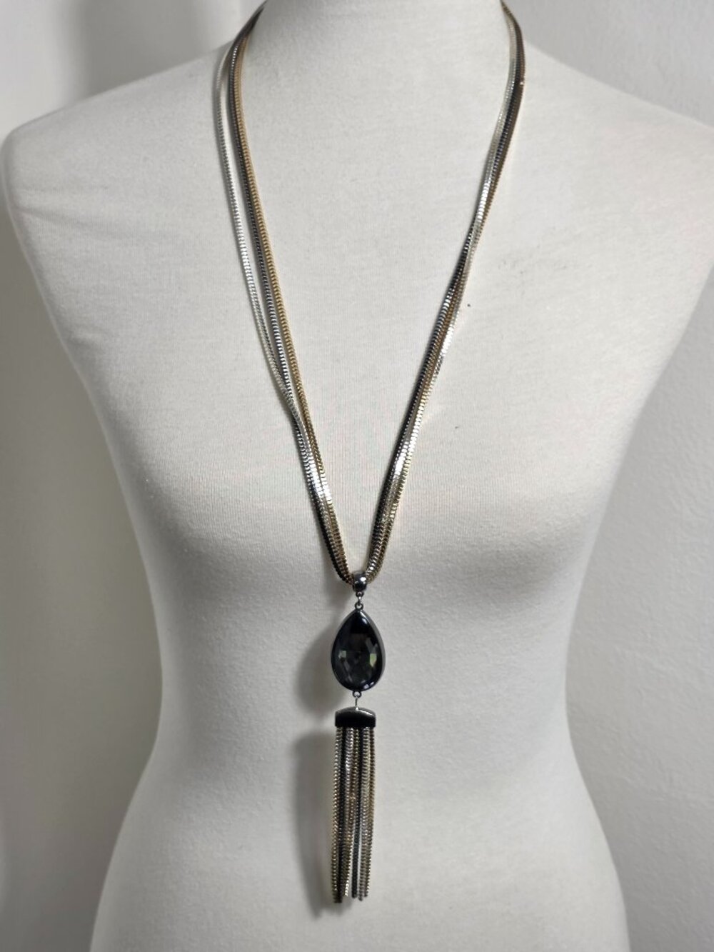 Alfani Tri-Color Triple Chain Tassel Pendant Necklace Smokey Gray Teardrop Stone